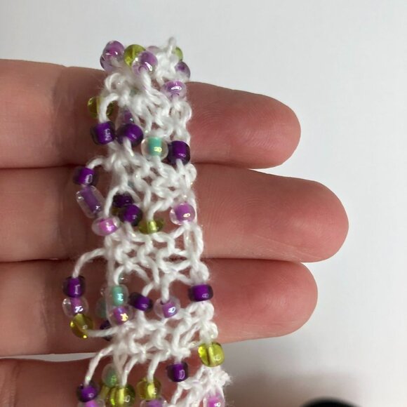 Crochet Yarn Colorful Beaded Bib Necklace White Purple Unique Statement - Picture 5 of 7